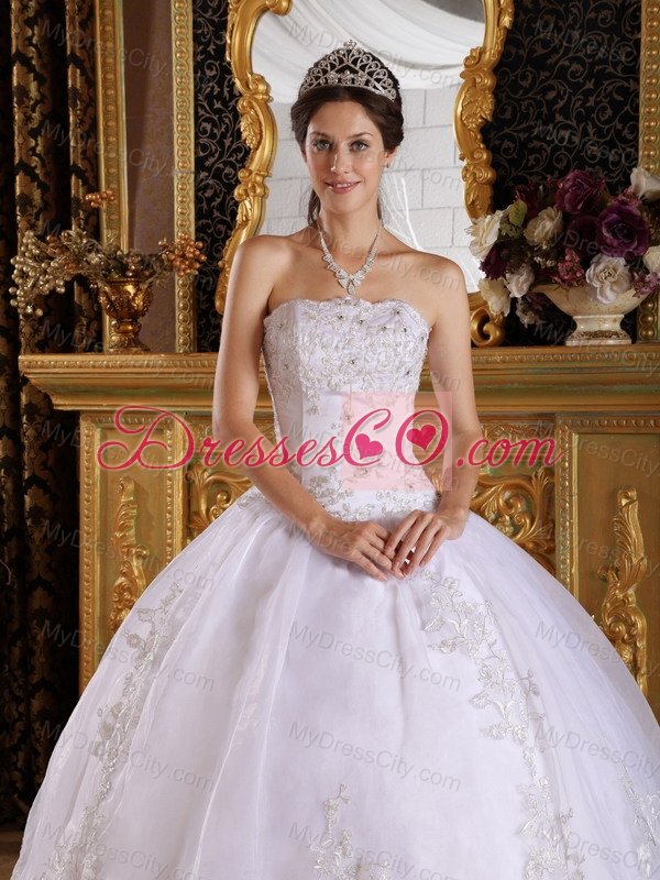 White Ball Gown Strapless Floor-length Embroidery with Beading White Quinceanera Dress