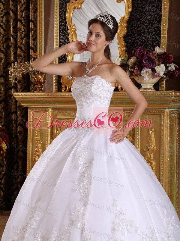 White Ball Gown Strapless Floor-length Embroidery with Beading White Quinceanera Dress