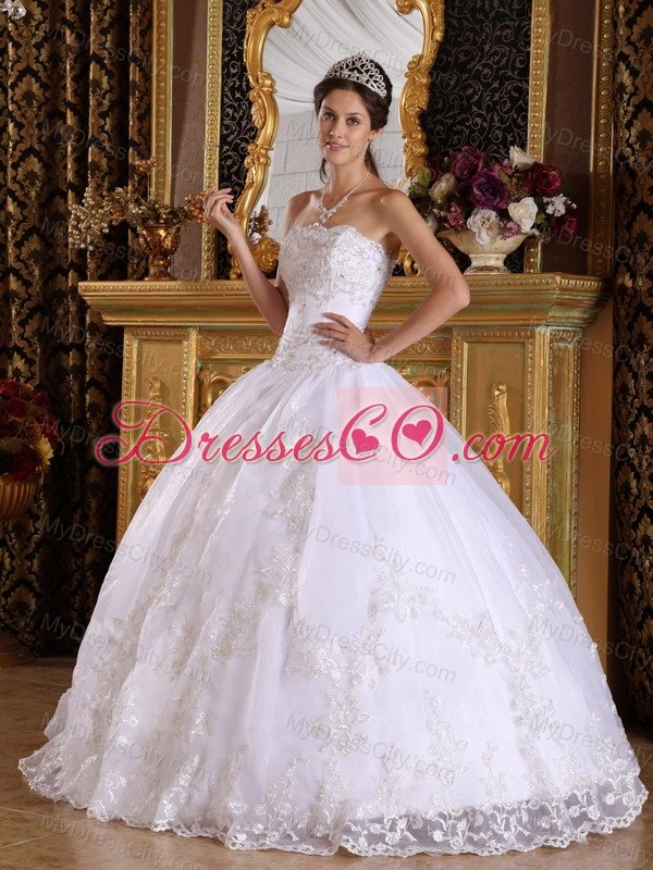 White Ball Gown Strapless Floor-length Embroidery with Beading White Quinceanera Dress