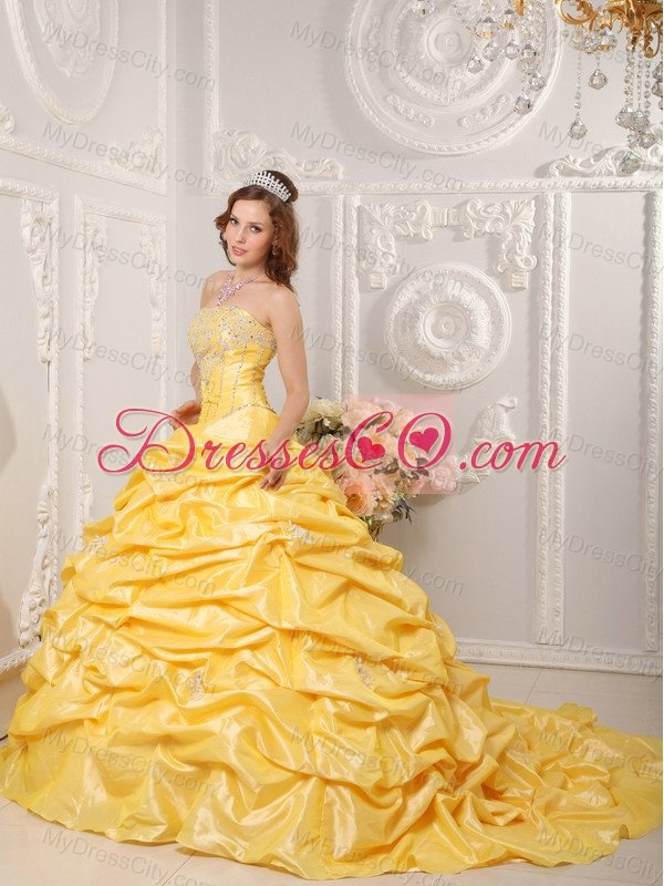 Yellow Ball Gown Strapless Court Train Taffeta Appliques and Beading Quinceanera Dress