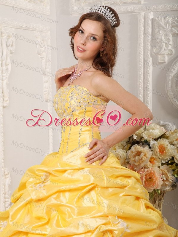 Yellow Ball Gown Strapless Court Train Taffeta Appliques and Beading Quinceanera Dress