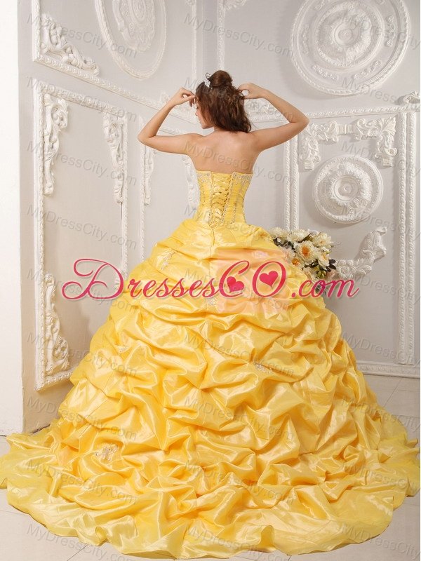 Yellow Ball Gown Strapless Court Train Taffeta Appliques and Beading Quinceanera Dress