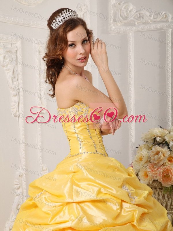 Yellow Ball Gown Strapless Court Train Taffeta Appliques and Beading Quinceanera Dress