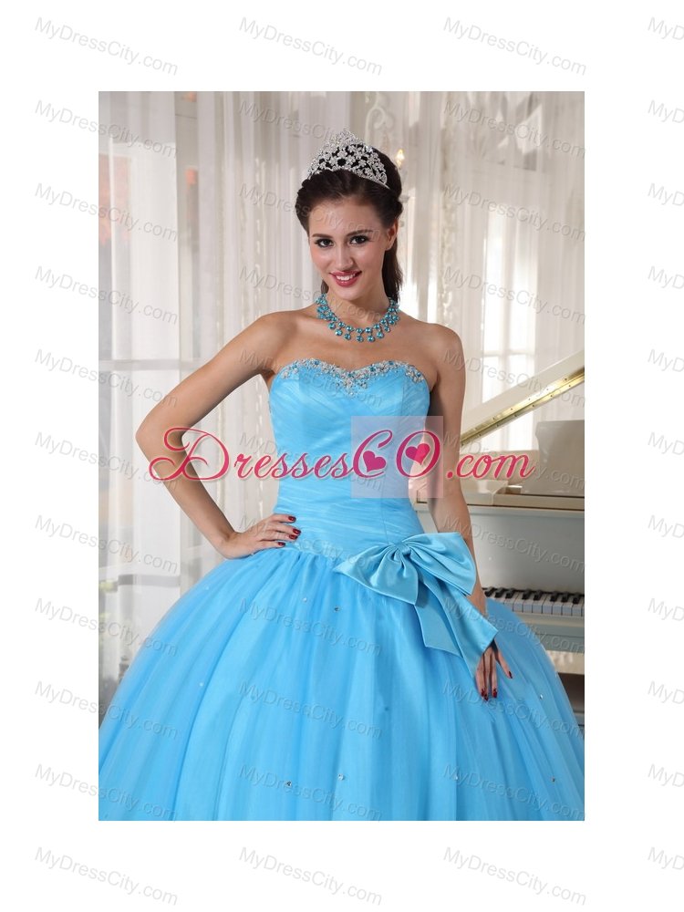 Aqua Blue Ball Gown Sweetheart Floor-length Tulle Beading and Bowknot Quinceanera Dress