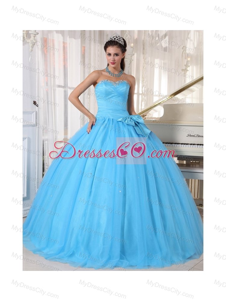 Aqua Blue Ball Gown Sweetheart Floor-length Tulle Beading and Bowknot Quinceanera Dress