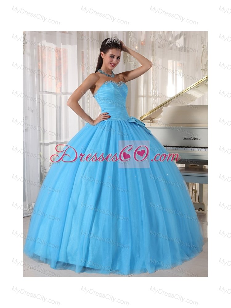 Aqua Blue Ball Gown Sweetheart Floor-length Tulle Beading and Bowknot Quinceanera Dress