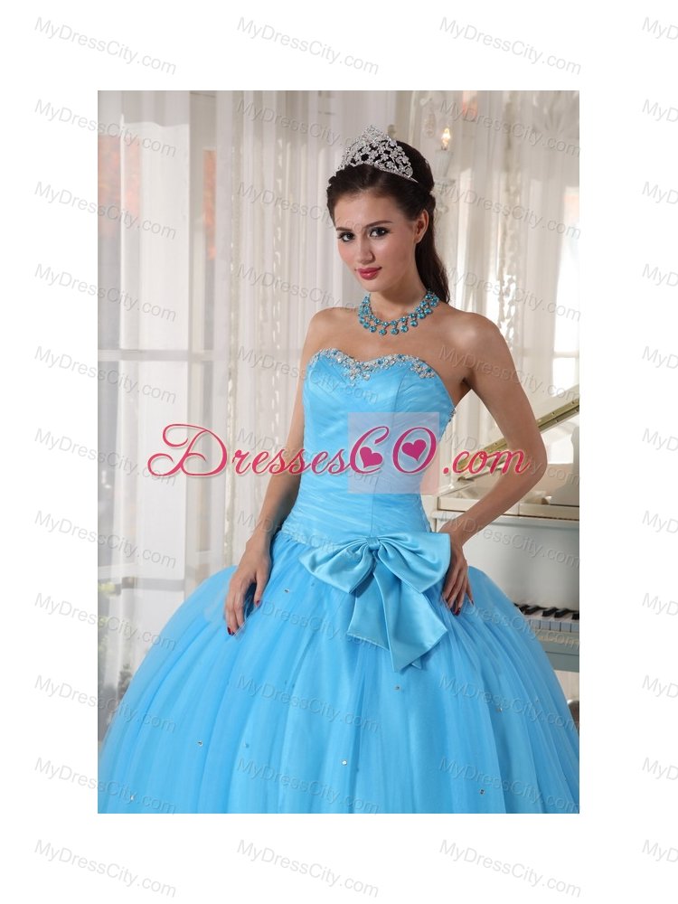 Aqua Blue Ball Gown Sweetheart Floor-length Tulle Beading and Bowknot Quinceanera Dress