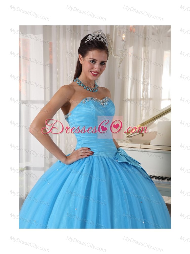 Aqua Blue Ball Gown Sweetheart Floor-length Tulle Beading and Bowknot Quinceanera Dress