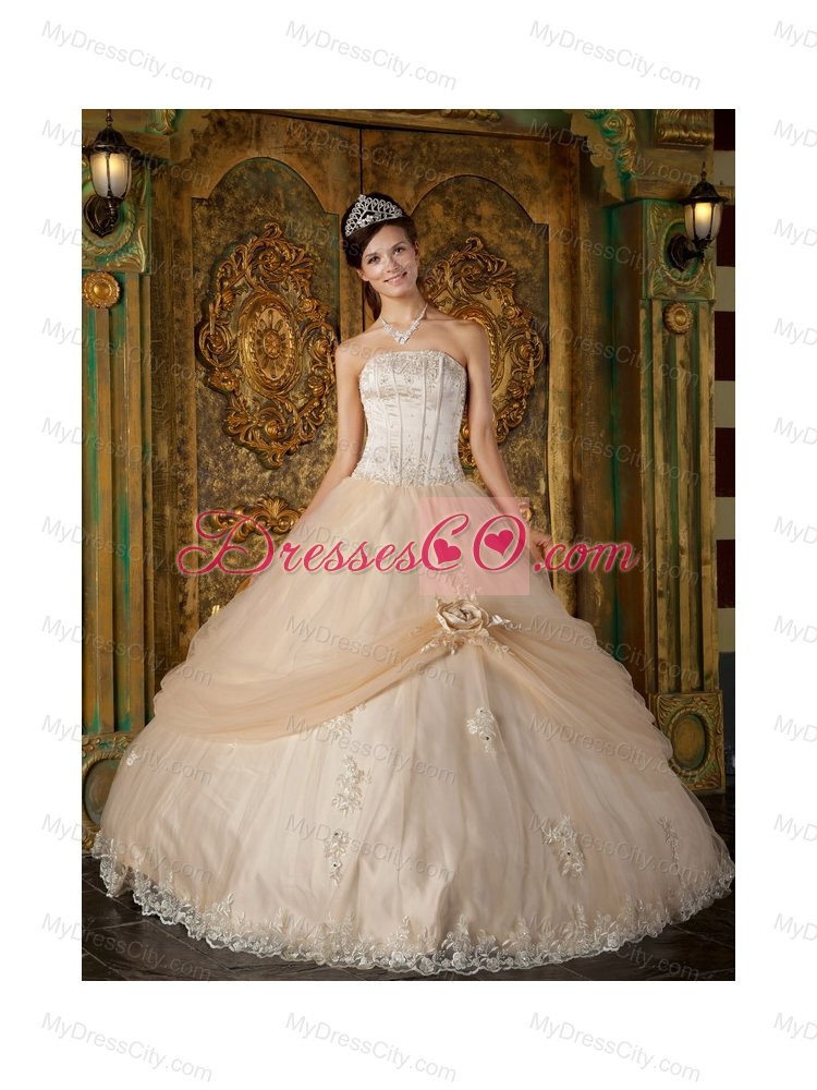 Champagne Ball Gown Strapless Floor-length Appliques Tulle Quinceanera Dress