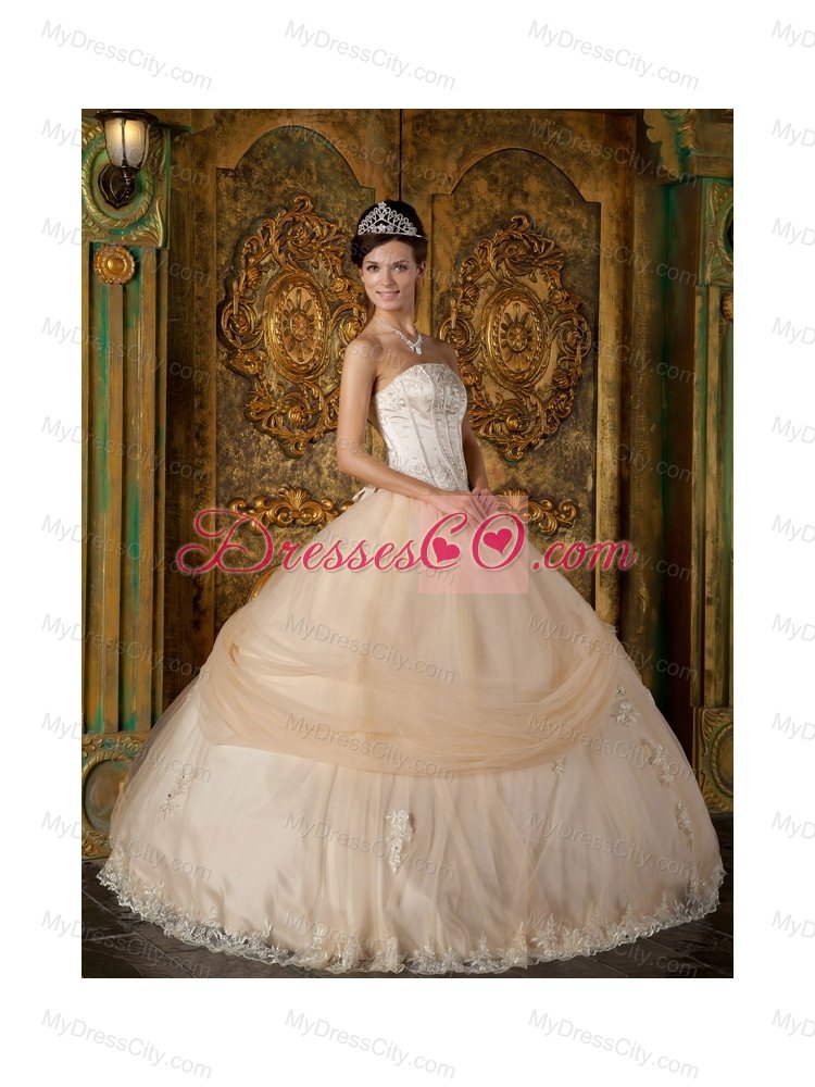 Champagne Ball Gown Strapless Floor-length Appliques Tulle Quinceanera Dress