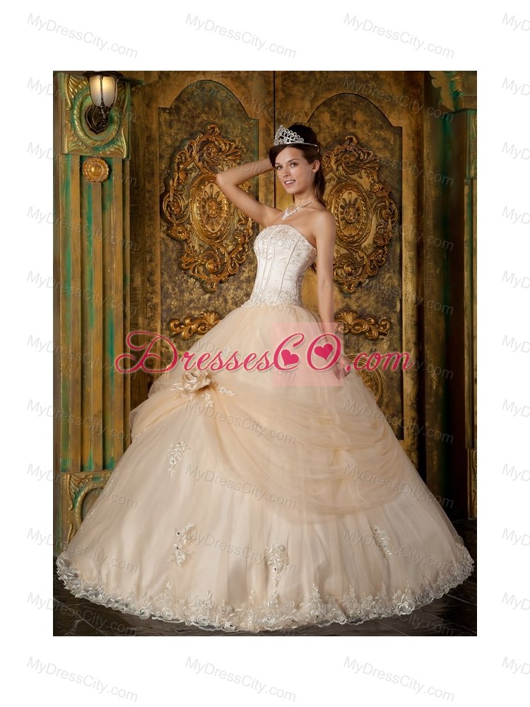 Champagne Ball Gown Strapless Floor-length Appliques Tulle Quinceanera Dress