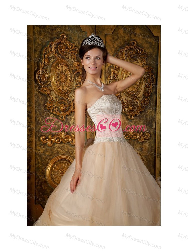 Champagne Ball Gown Strapless Floor-length Appliques Tulle Quinceanera Dress