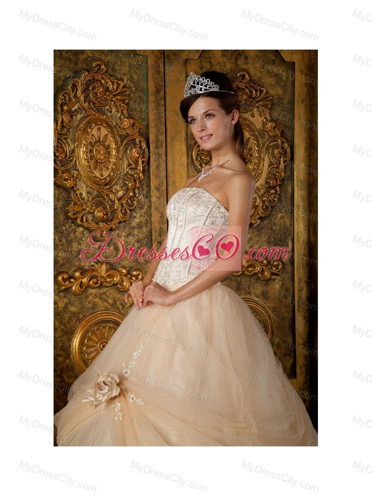 Champagne Ball Gown Strapless Floor-length Appliques Tulle Quinceanera Dress