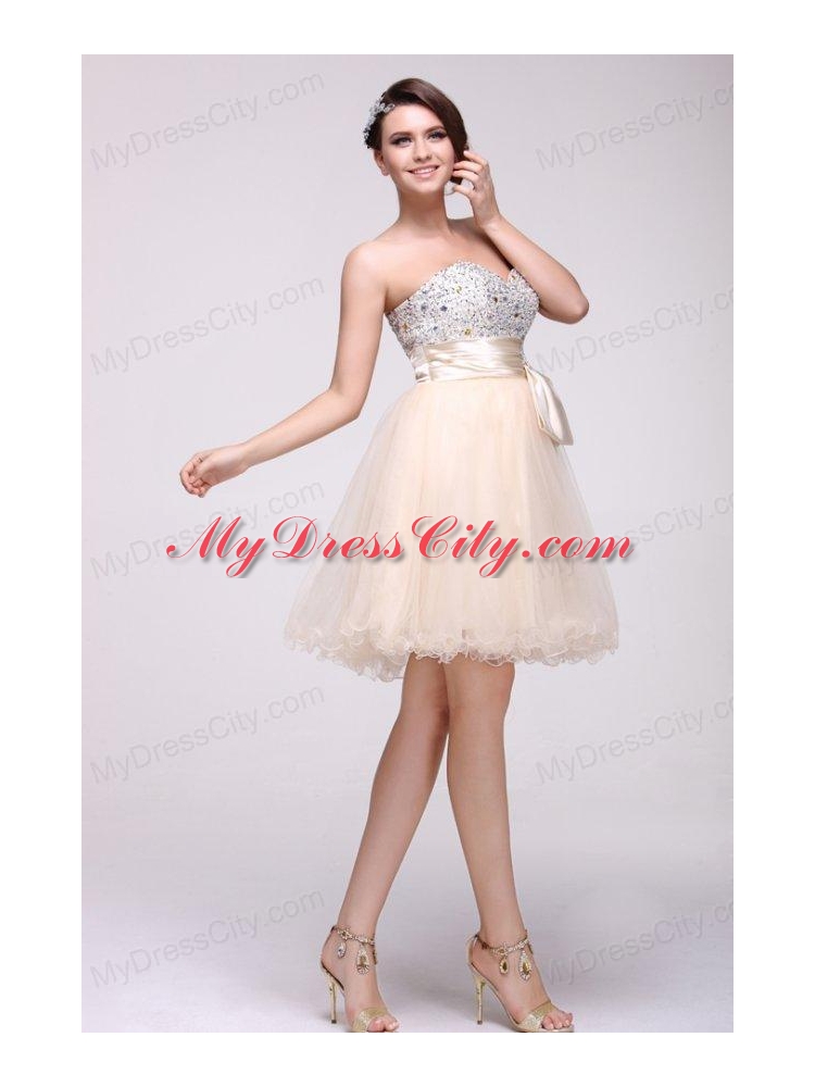 Champagne A-line Sweetheart Beaded Knee-length Prom Dress