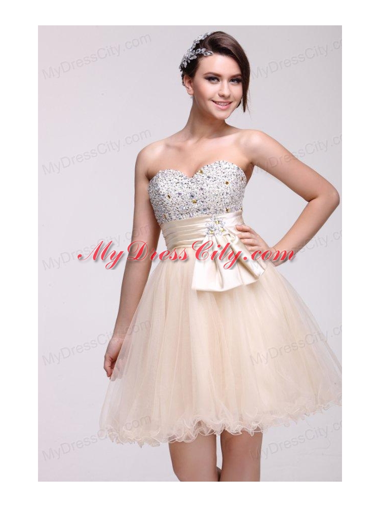 Champagne A-line Sweetheart Beaded Knee-length Prom Dress