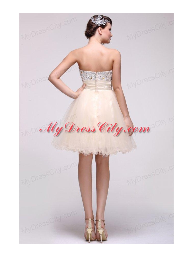 Champagne A-line Sweetheart Beaded Knee-length Prom Dress