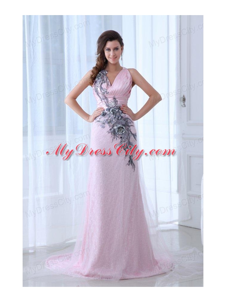 Beautiful Pink Column V-neck Tulle and Taffeta Prom Dress with Appliques