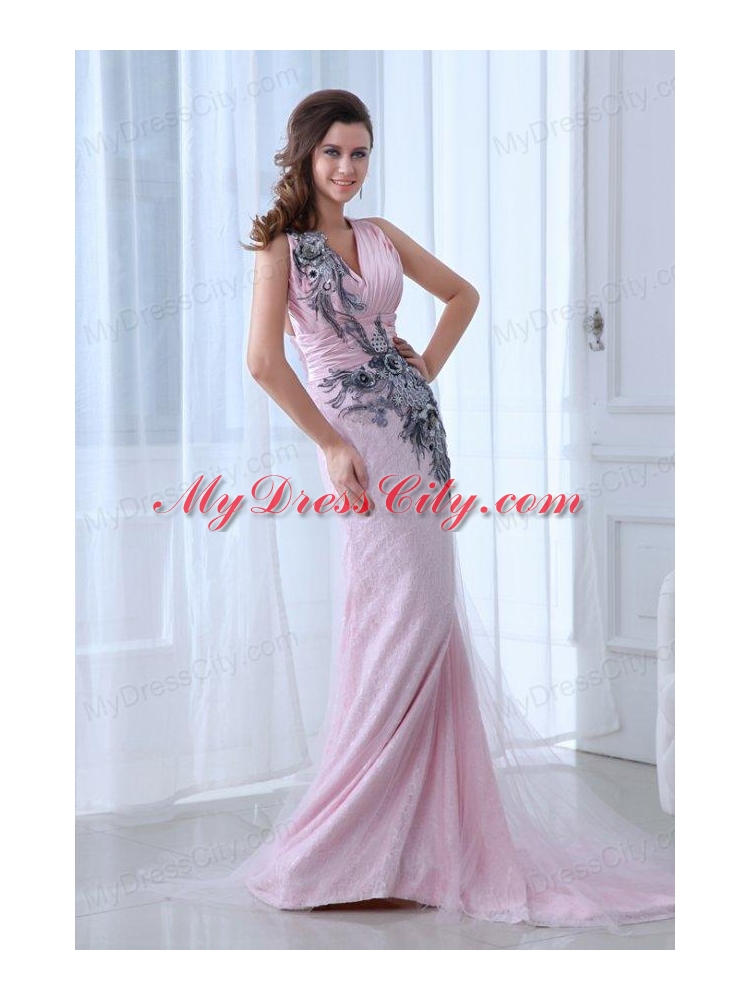 Beautiful Pink Column V-neck Tulle and Taffeta Prom Dress with Appliques