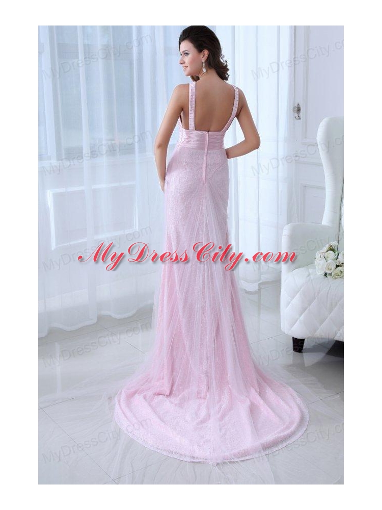 Beautiful Pink Column V-neck Tulle and Taffeta Prom Dress with Appliques