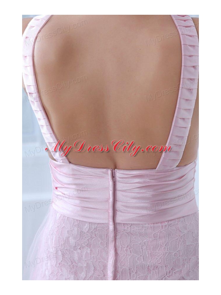 Beautiful Pink Column V-neck Tulle and Taffeta Prom Dress with Appliques