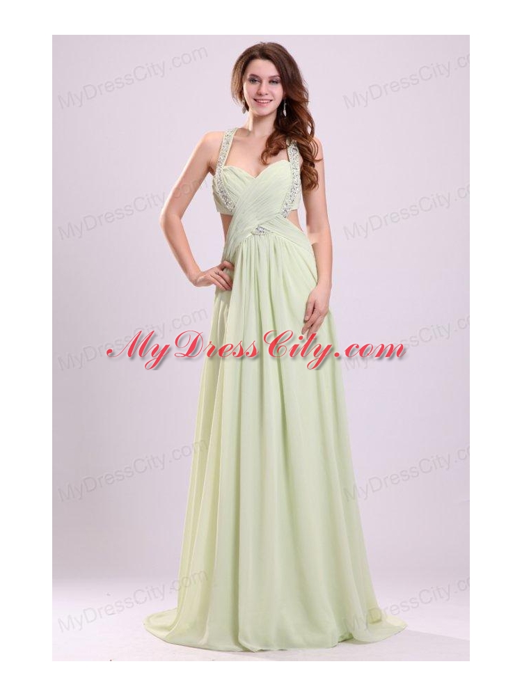 Sexy Empire Halter Chiffon Brush Train Criss Cross Beading Prom Dress in Yellow Green