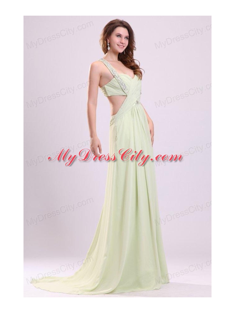 Sexy Empire Halter Chiffon Brush Train Criss Cross Beading Prom Dress in Yellow Green