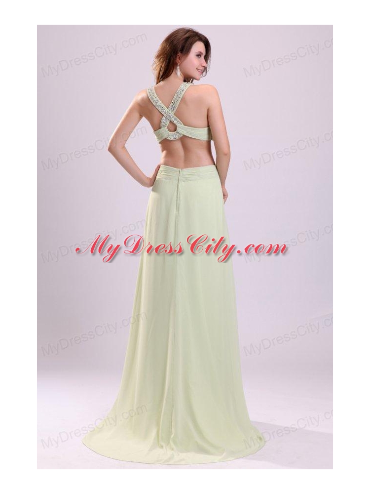 Sexy Empire Halter Chiffon Brush Train Criss Cross Beading Prom Dress in Yellow Green