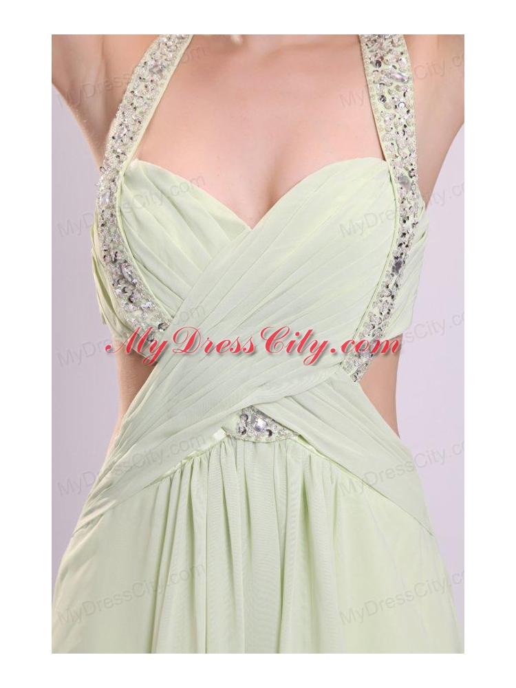 Sexy Empire Halter Chiffon Brush Train Criss Cross Beading Prom Dress in Yellow Green