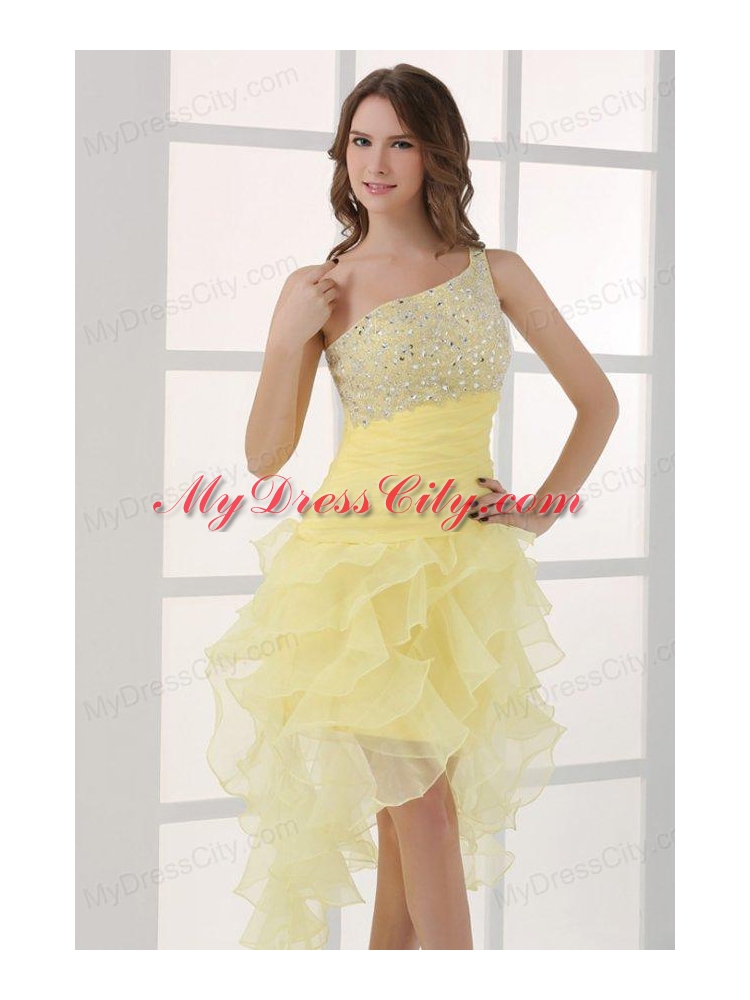 Light Yellow One Shoulder Asymmetrical Organza Prom Dress with Beading