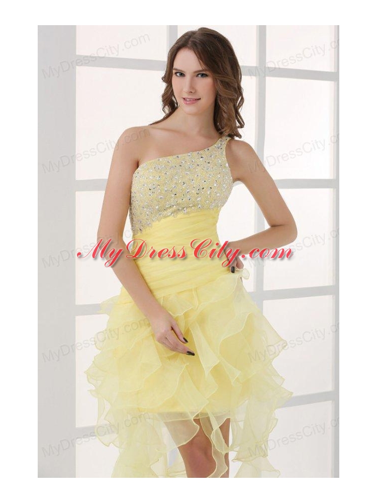 Light Yellow One Shoulder Asymmetrical Organza Prom Dress with Beading