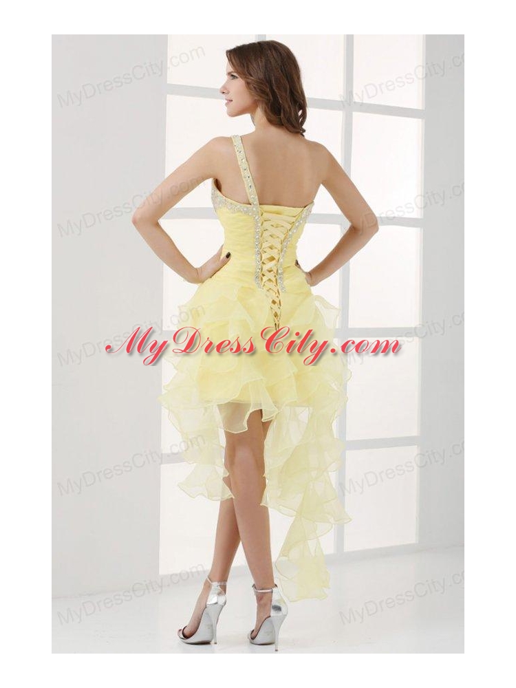 Light Yellow One Shoulder Asymmetrical Organza Prom Dress with Beading