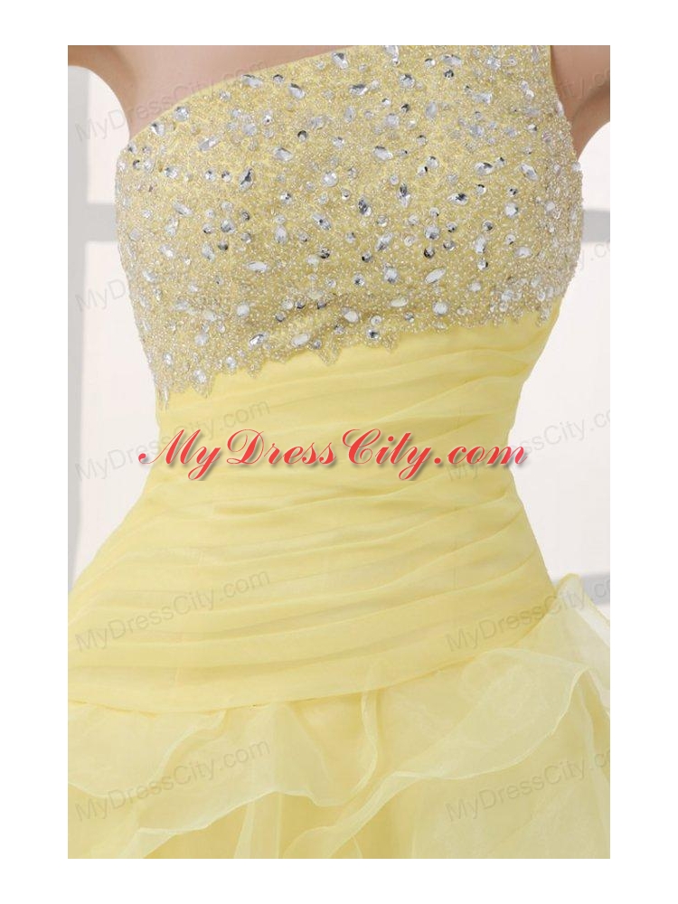 Light Yellow One Shoulder Asymmetrical Organza Prom Dress with Beading