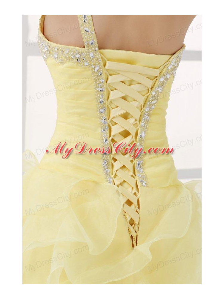 Light Yellow One Shoulder Asymmetrical Organza Prom Dress with Beading