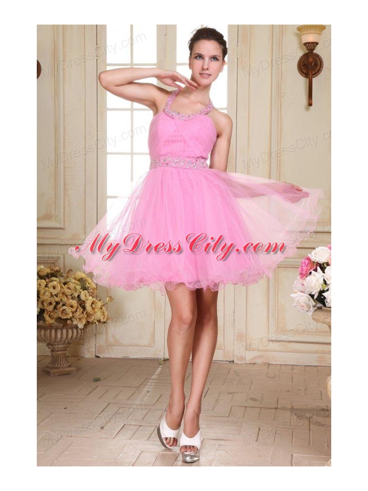 Rose Pink Halter Top Neck Mini-length Beading Prom Dress with Organza