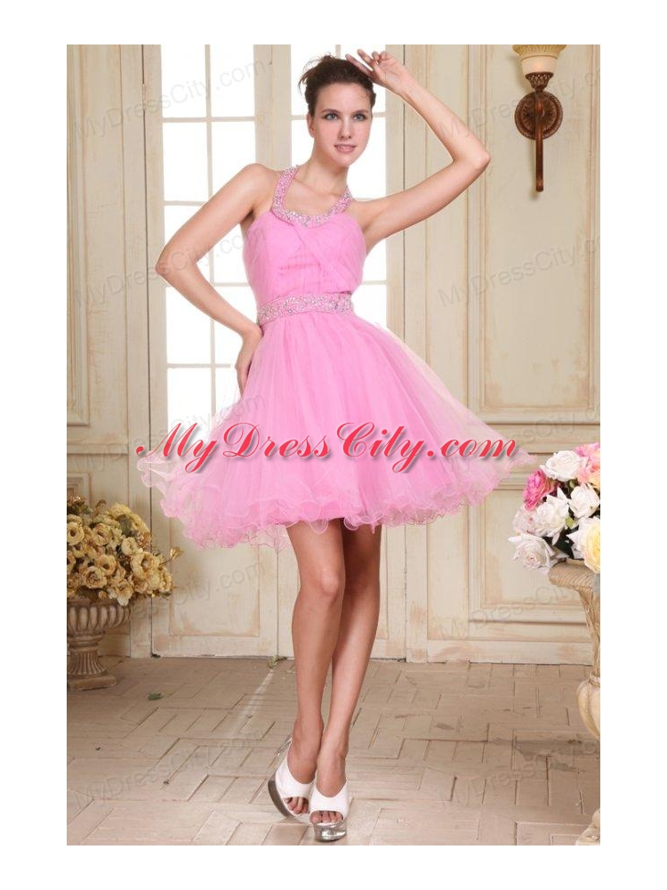 Rose Pink Halter Top Neck Mini-length Beading Prom Dress with Organza