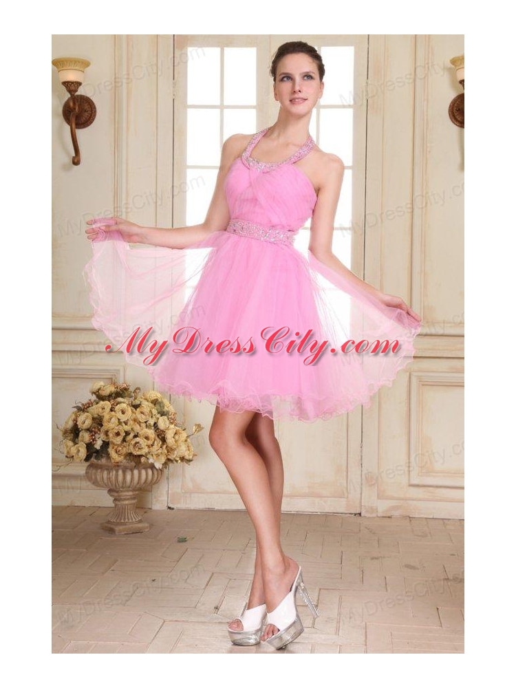 Rose Pink Halter Top Neck Mini-length Beading Prom Dress with Organza