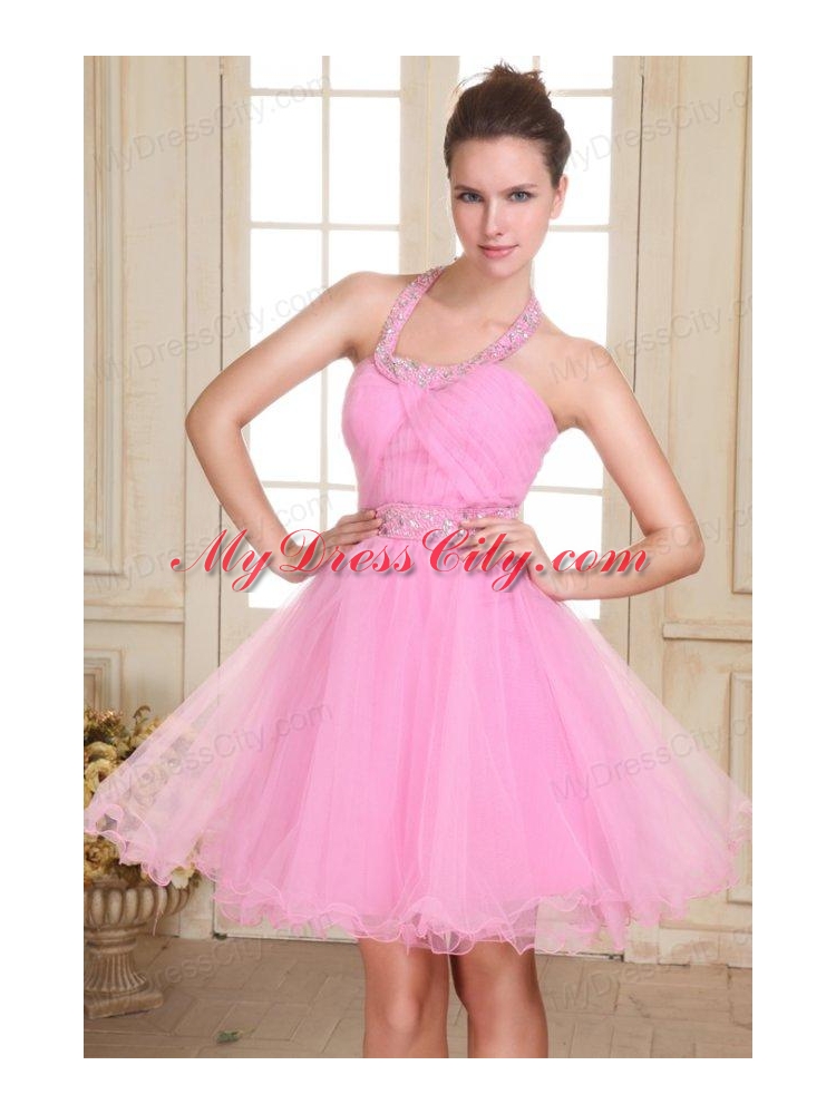 Rose Pink Halter Top Neck Mini-length Beading Prom Dress with Organza