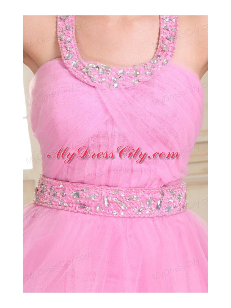 Rose Pink Halter Top Neck Mini-length Beading Prom Dress with Organza