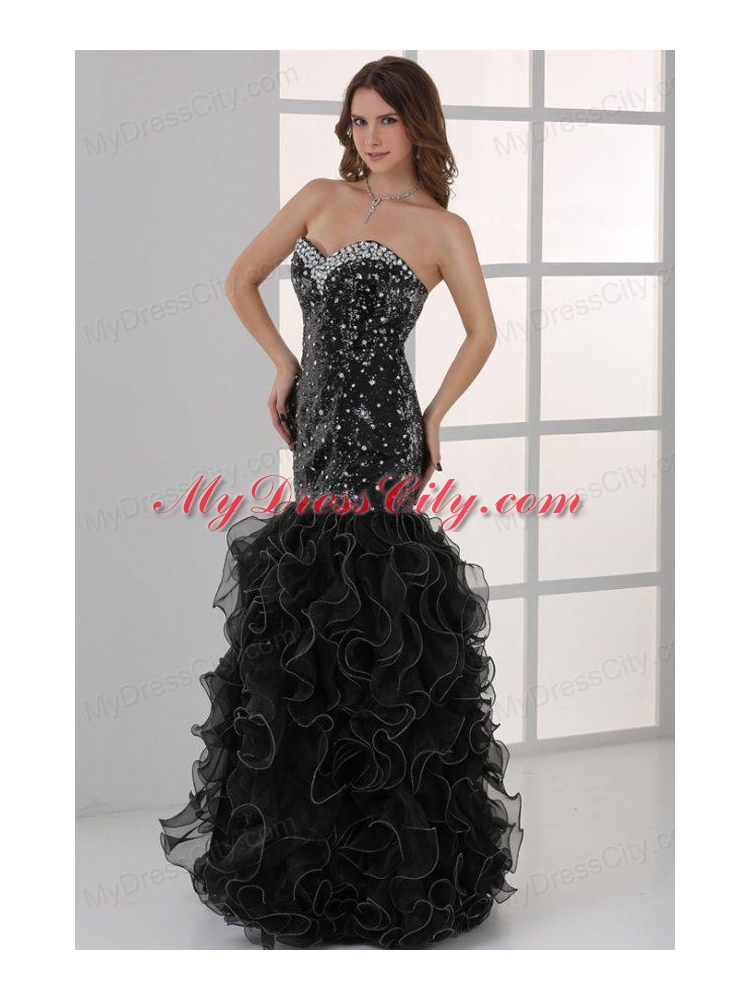 Sweetheart Black Mermaid Sequins Ruffles Prom Dress with Beading