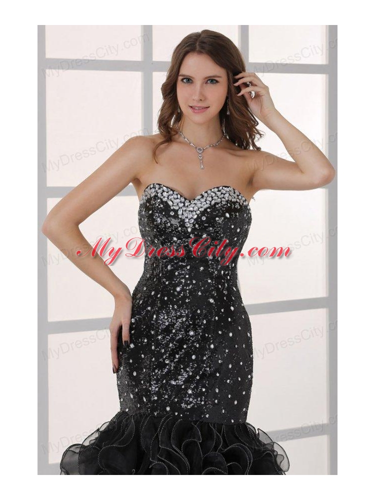 Sweetheart Black Mermaid Sequins Ruffles Prom Dress with Beading