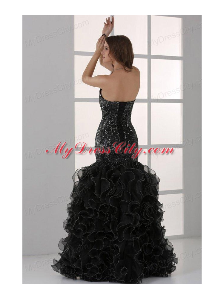 Sweetheart Black Mermaid Sequins Ruffles Prom Dress with Beading