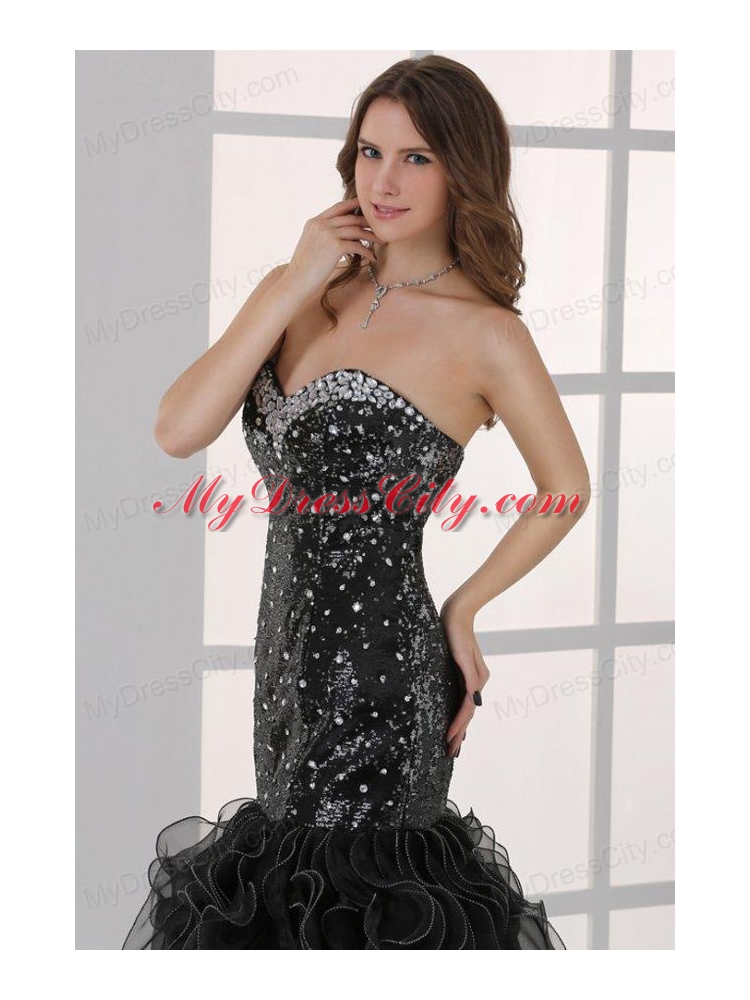 Sweetheart Black Mermaid Sequins Ruffles Prom Dress with Beading