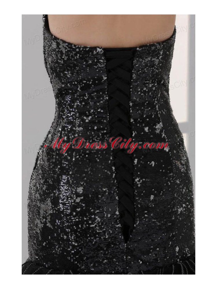 Sweetheart Black Mermaid Sequins Ruffles Prom Dress with Beading