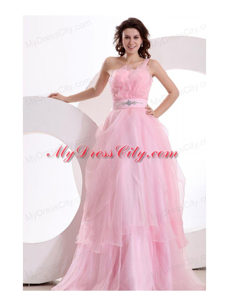 A-line One Shoulder 2014 Organza Pretty Floor-length Beading Prom Dress