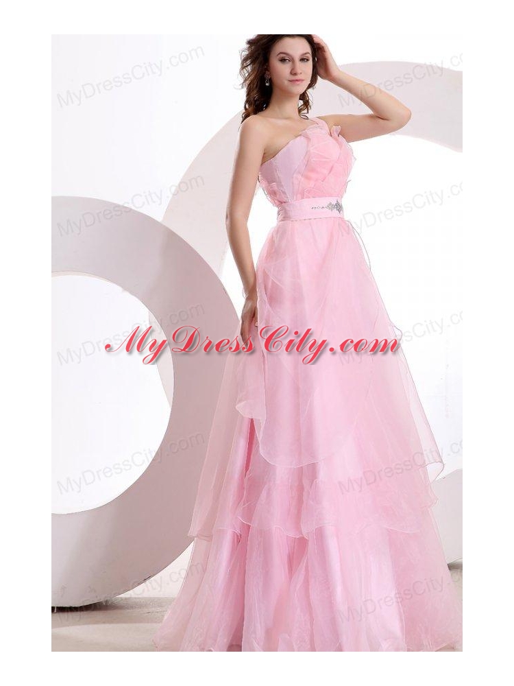 A-line One Shoulder 2014 Organza Pretty Floor-length Beading Prom Dress