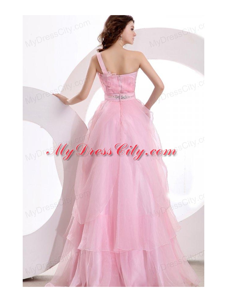 A-line One Shoulder 2014 Organza Pretty Floor-length Beading Prom Dress