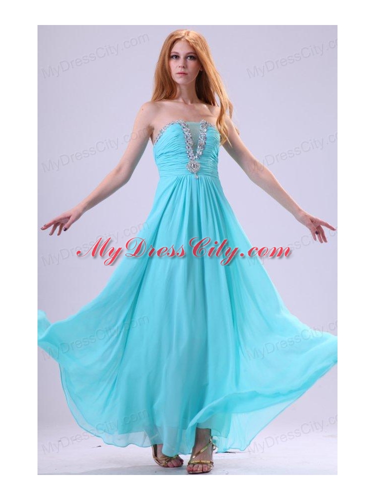 Aqua Blue Chiffon Strapless Empire Prom Dress with Beading