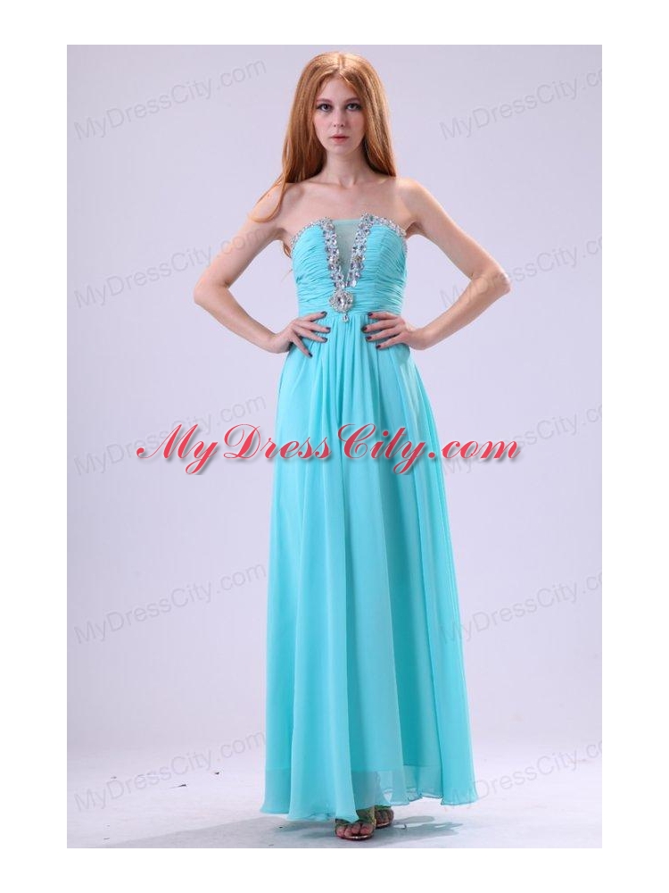 Aqua Blue Chiffon Strapless Empire Prom Dress with Beading