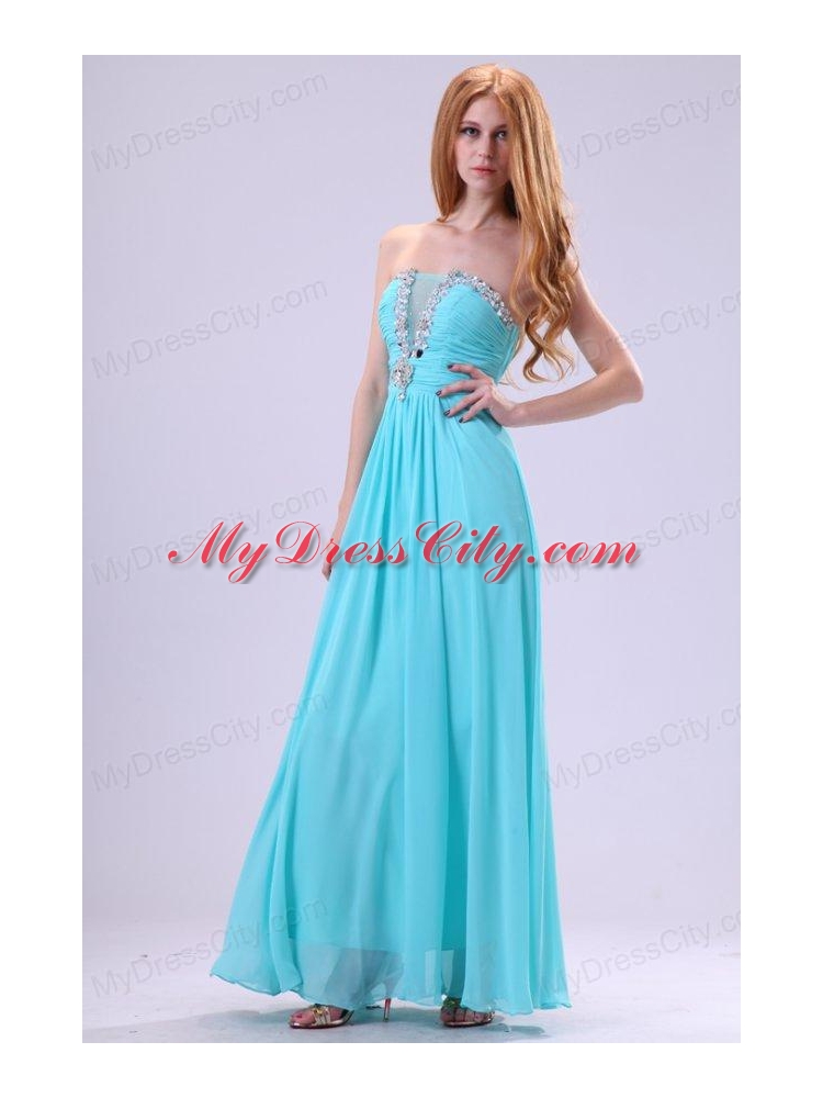 Aqua Blue Chiffon Strapless Empire Prom Dress with Beading