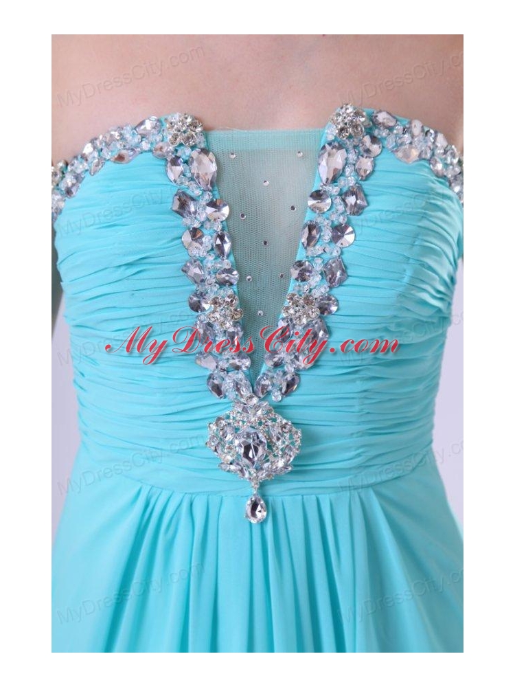 Aqua Blue Chiffon Strapless Empire Prom Dress with Beading